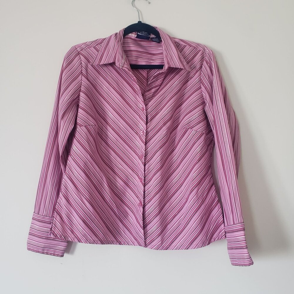 DCC Missy Pink Chevron Long Seeve Button‎ Down Blouse Size M Y2K Preppy Casual